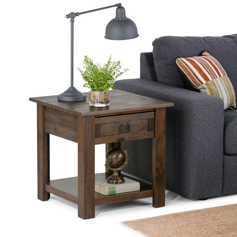 Monroe SOLID ACACIA WOOD 22 inch Wide Square Rustic End Side Table in Distressed Charcoal Brown