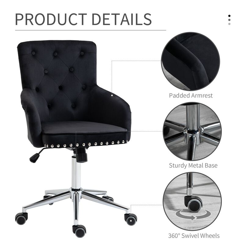 HOMCOM Modern Mid-back Desk Chair with Button Tufted Velvet Back, Nailhead Trim, Swivel Home Office Chair with Adjustable Height, Curved Padded Armrests, Black
