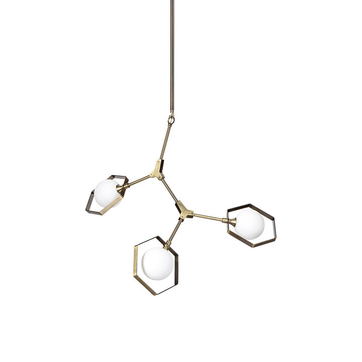 HomeRoots Champagne Unique Statement Three Light Metal and Glass Dimmable Chandelier With White Shades