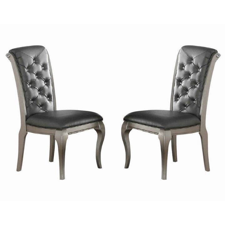 Set Of 2 Rubber Wood Dining Chair With Tufted Back, Gray And Silver-Benzara