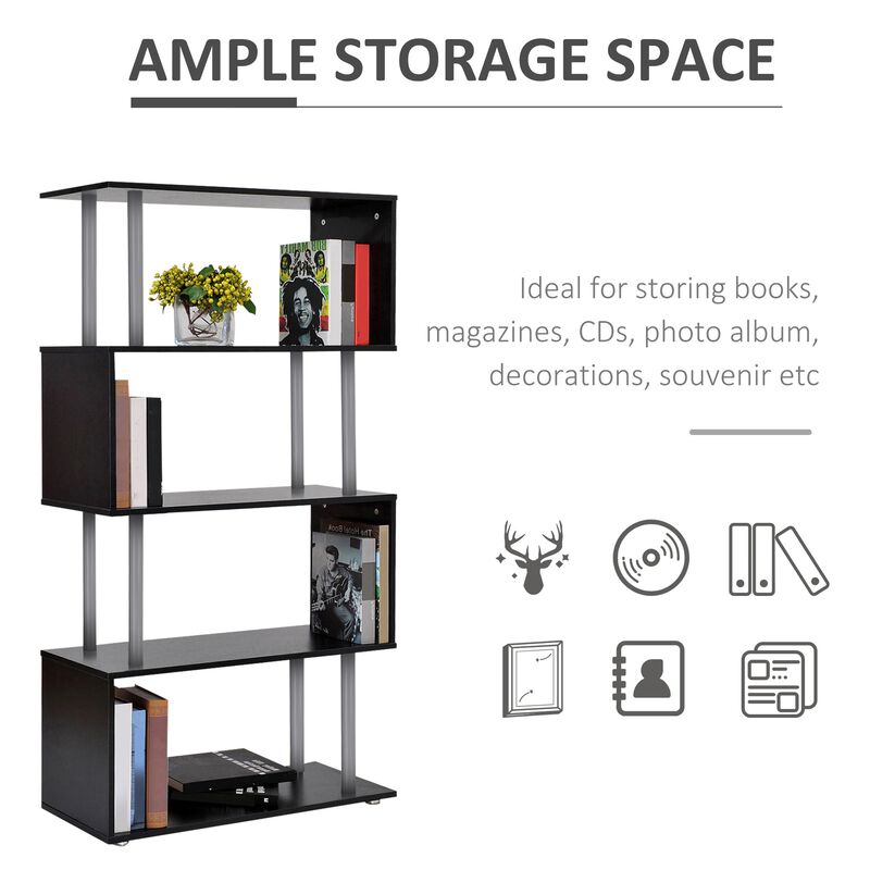 Modern Display Unit: Black 5-Tier S-Shaped Wooden Bookcase for Home/Office