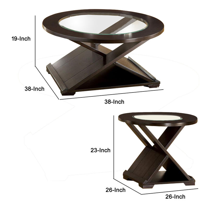 3 Piece Round Glass Coffee Table and End Table with X Shaped Base, Brown