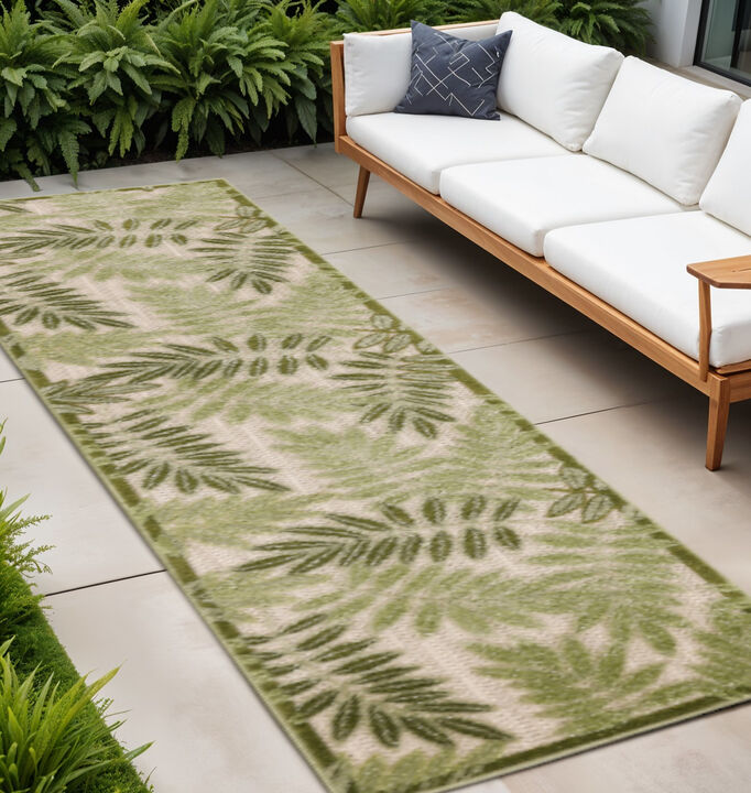 HomeRoots 8' Ivory And Green Palm Leaf Indoor Outdoor Runner Rug