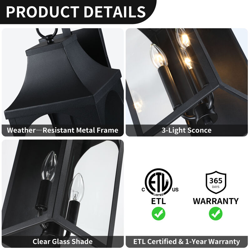 22.5 in. 3-Light Outdoor Wall Lantern in Sand Black with Clear Glass image number 3