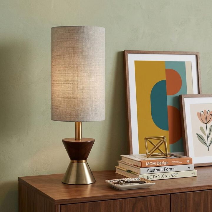 HomeRoots 23" Brass Metal And Wood Table Lamp With Beige Drum Shade