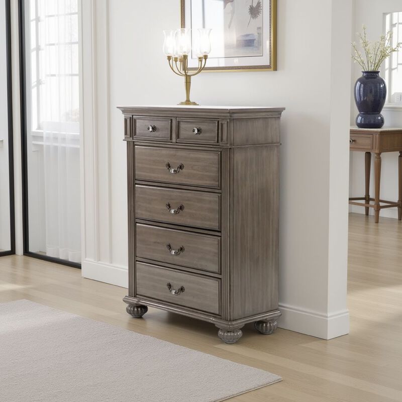 Recus Tall Dresser Chest, 6 Drawers w Brass Handles, Gray Solid Wood