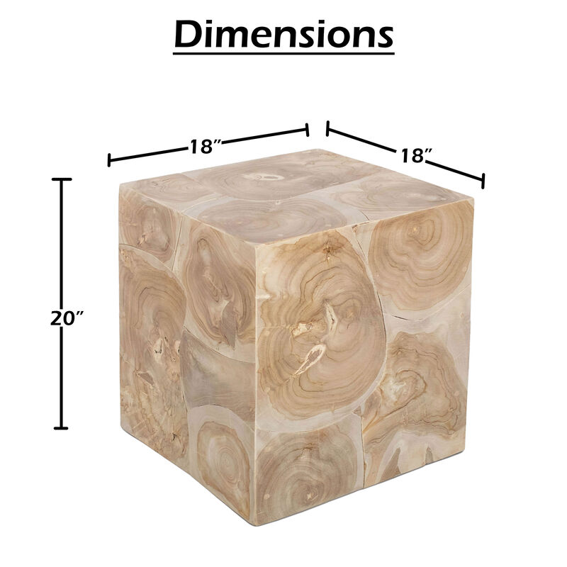 Sira Mosaic Side End Table, Hand Oiled Natural Brown Finish, 20 Inch Solid Teak Wood Slice Cube image number 3