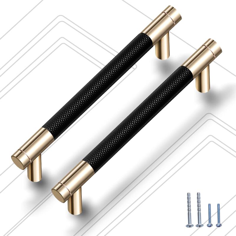 Guoharda 2 Pack 3 3/4 Inch 96 mm Knurled Cabinet Handles Cabinet Pulls Aluminum Handles Pulls Gold and Black Oxidation Finish wi