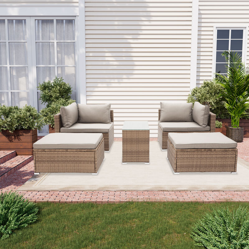 MONDAWE 5-Piece Outdoor Sectional Sofa Set with Brown Rattan Wicker & Gray Cushion