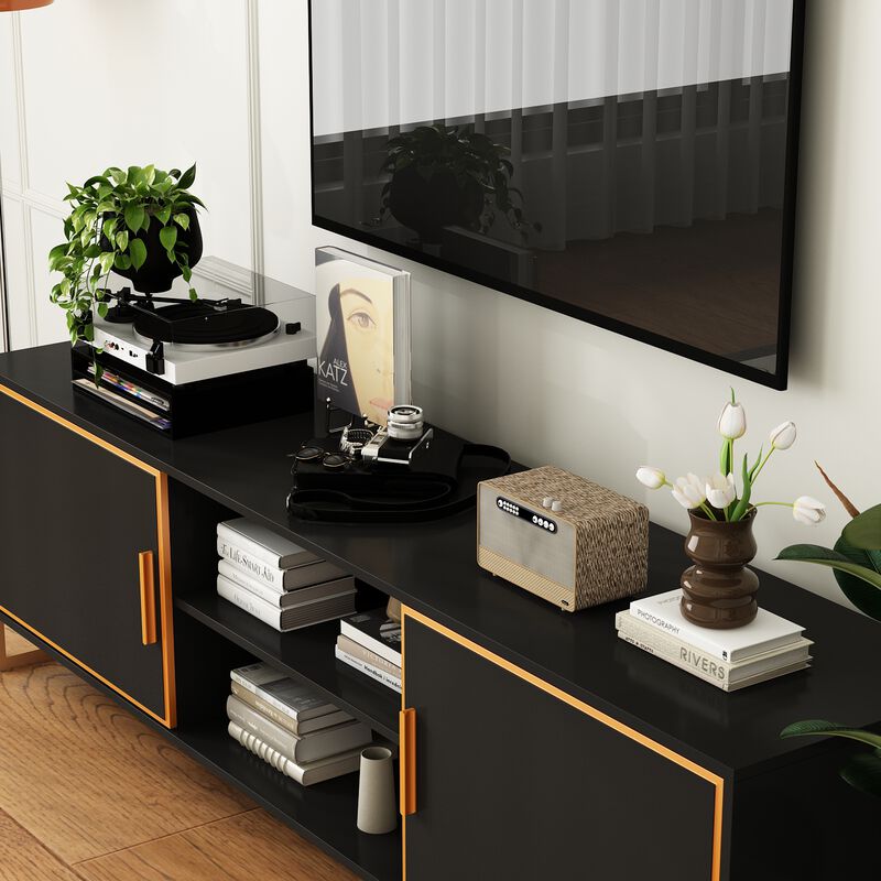 FUFU&GAGA Modern Black TV Stand with Gold Trim, Metal Handles & Base &ndash; Entertainment Center for TVs up to 75" (70.9"W x 15.7"D x 20.9"H), Black