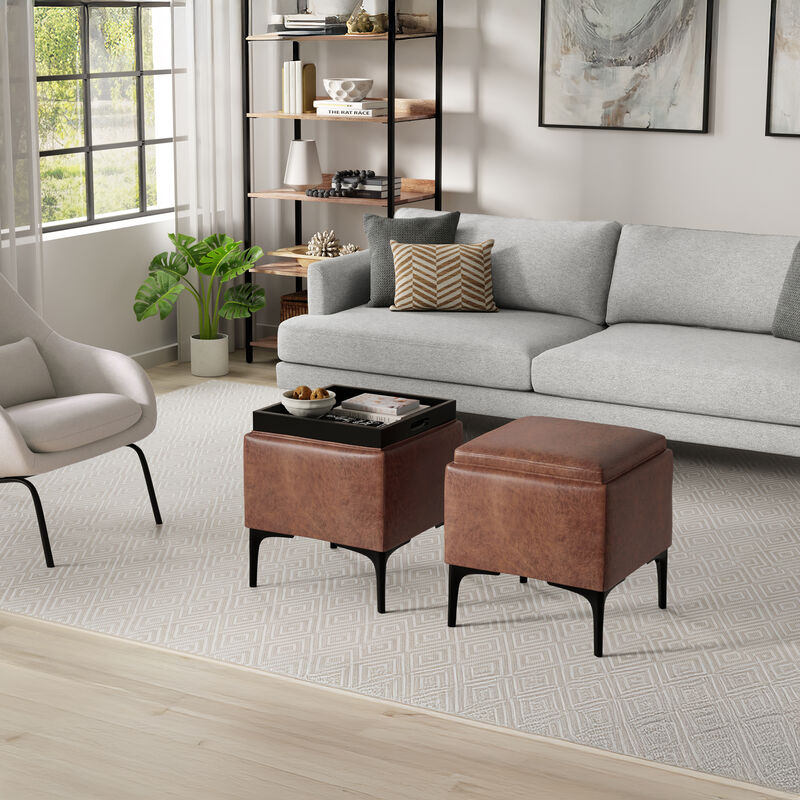 Natasha 18 inch Wide Contemporary Square Mid&nbsp;Century Storage Ottoman with Tray in Distressed Saddle Brown  Vegan Faux Leather, Assembled image number 2
