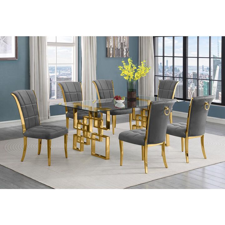 7-piece glam dining set with 6 dark grey chairs and a 79" long glass  table