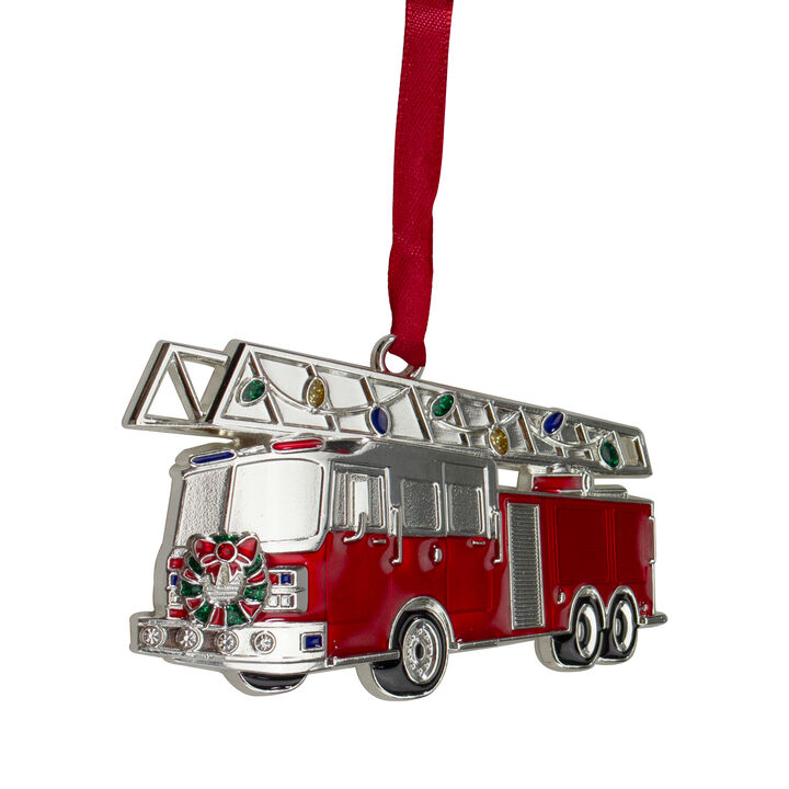 3.5" Silver Plated Fire Truck with European Crystals Christmas Ornament