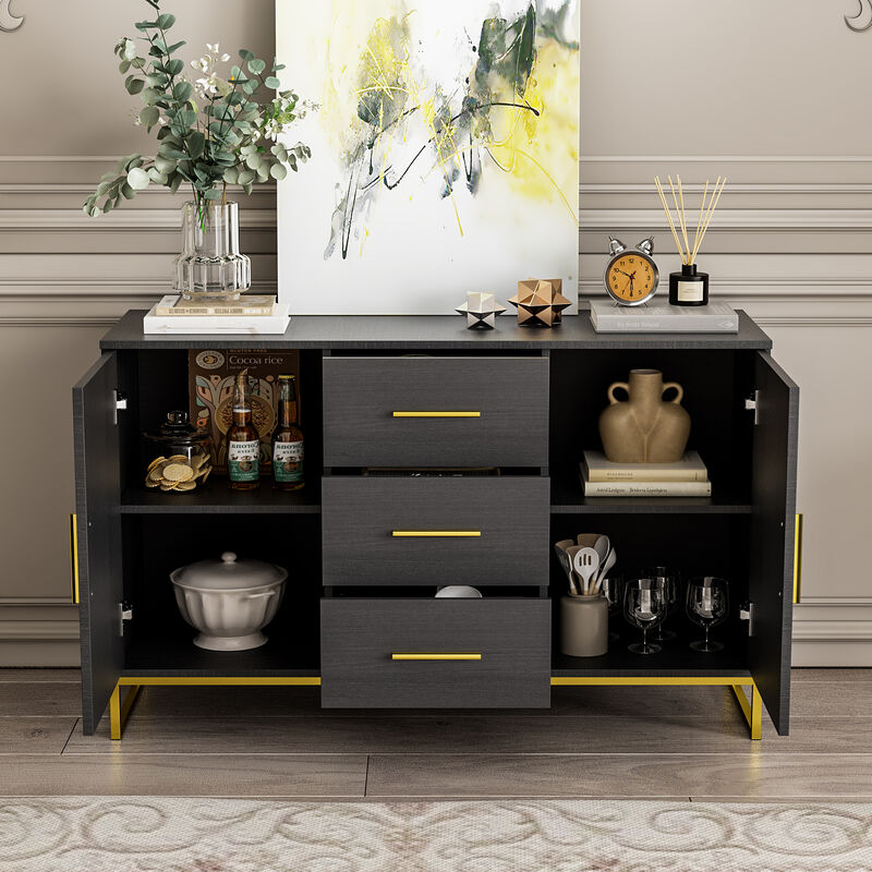 Black Storage Accent Cabinets with 3-Drawers and 2-Cabinets, Metal Legs Cupboard Floor-Standing Sideboard