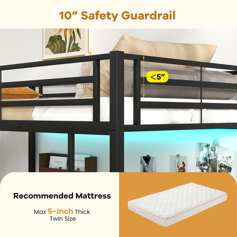 Loft Bed Raised Platform Bed with Desk and 2 Storage Shelves