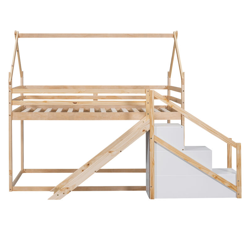 Twin Over Twin House Loft Or Bunk Bed With Slide And Staircase, Natural