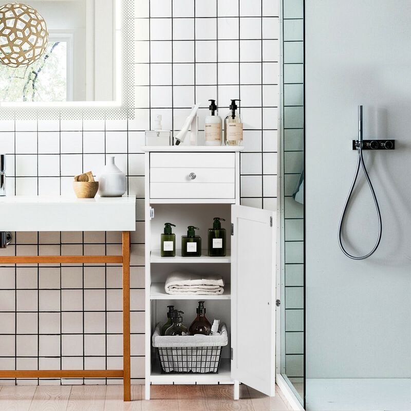 Wooden Bathroom Floor Storage Cabinet with Drawer and Shelf image number 2