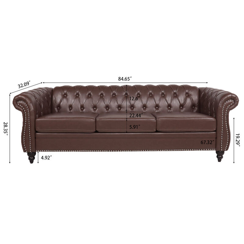 Dark Brown PU Rolled Arm Chesterfield Three Seater Sofa image number 8