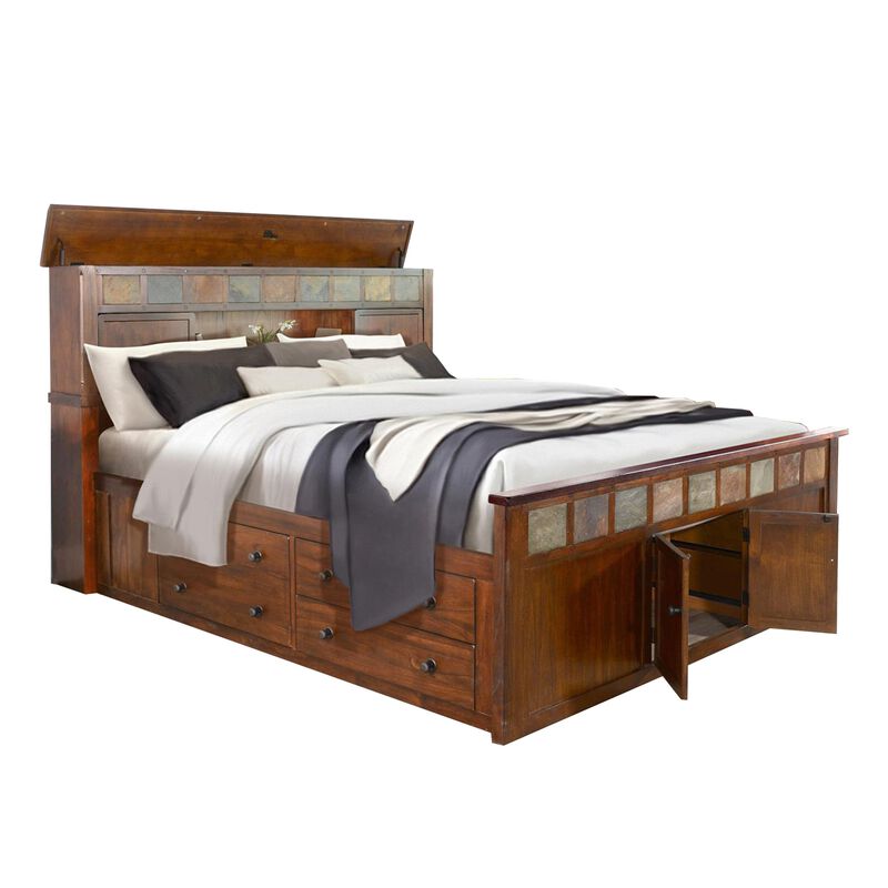 Odell Queen Size Bed w Storage Footboard, Bookcase Headboard, Brown