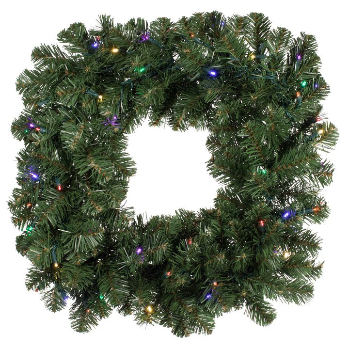 Vickerman 24" Oregon Fir Artificial Christmas Square Wreath, Multi-Colored Single Mold LED Wide Angle Lights - Faux Square Christmas Wreath - Indoor Seasonal Home Wall Decor