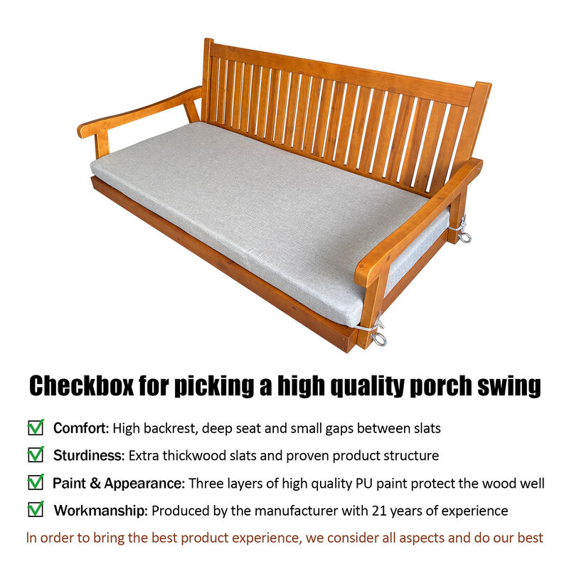 Wooden Porch Swing Bed with Thick Cushion &ndash; 6 FT Outdoor Hanging Daybed for Patio or Porch, Heavy Duty 1000 LBS (Teak Tone) image number 4