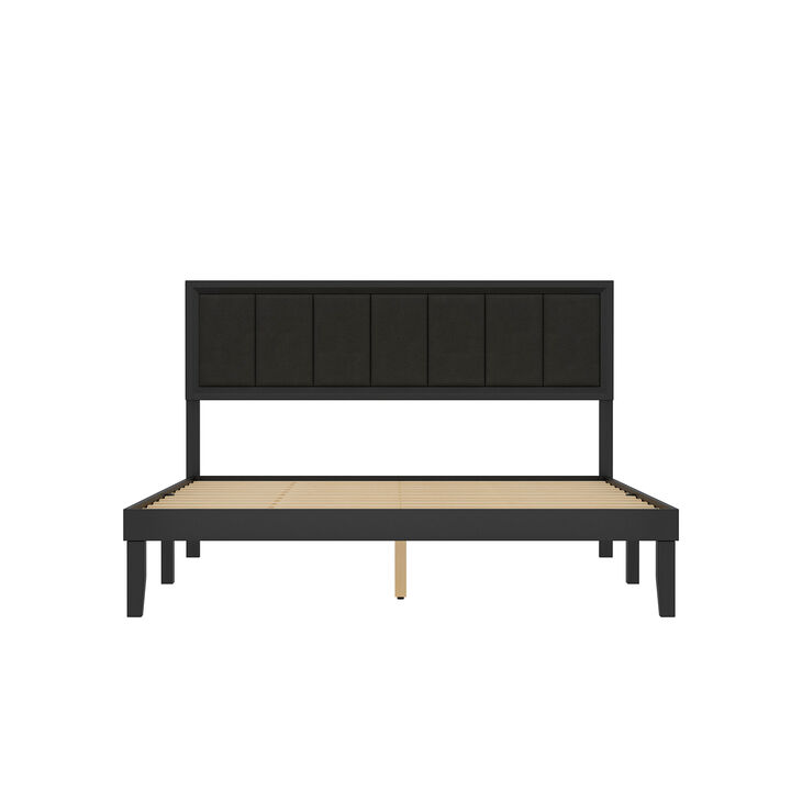 FUFU&GAGA Modern Upholstered Solid Wood Bed Frame in Black, Rubberwood Platform Bed with Padded Linen Headboard and Plywood Slats, Queen Size, (82" L x 63.3" W x 40.9" H),Black