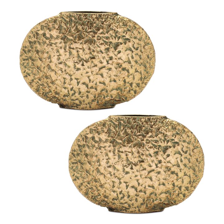 Set of 2 Distressed Flat Metal Vases for Rustic Mantel, Shelf, or Tabletop Decor