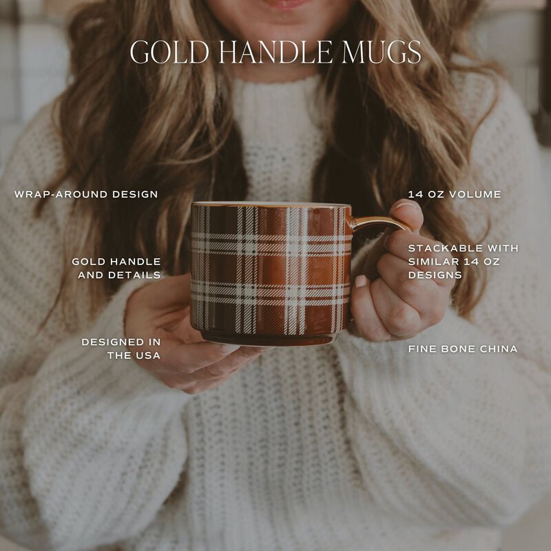 Orange Navy Plaid 14 oz Gold Handle Coffee Mug image number 5