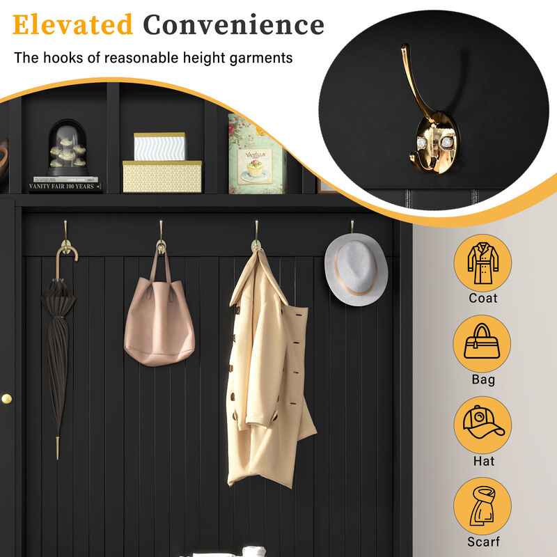 Merax 4-in-1 Entryway Hall Tree with Storage Bench, Hanging Hooks, Open Cubbies & Drawers image number 5