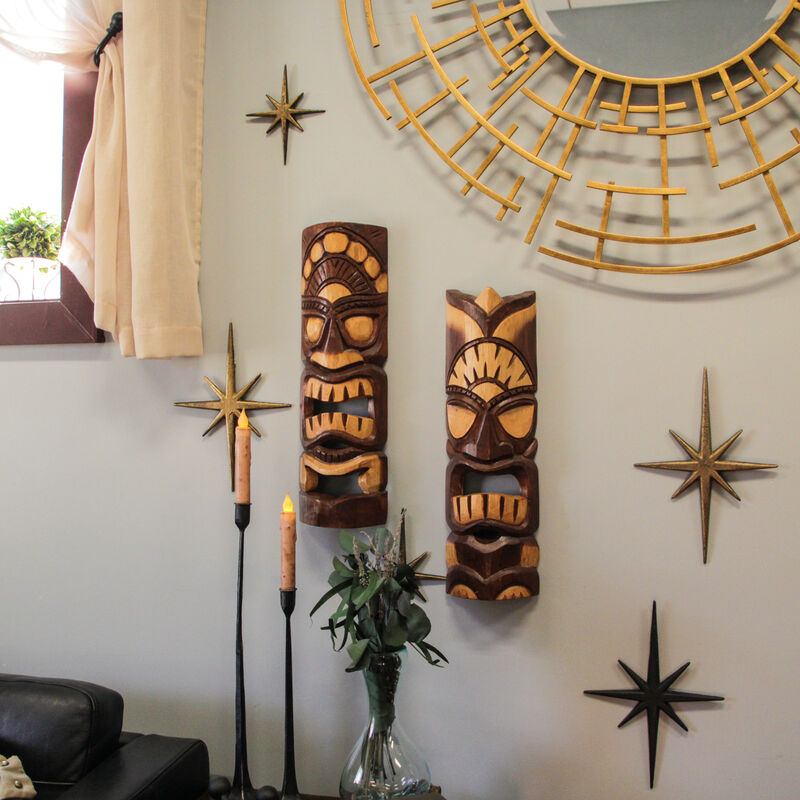 Carved Natural Stained Wood Polynesian Style Tiki Wall Hanging Masks 20 inch image number 5
