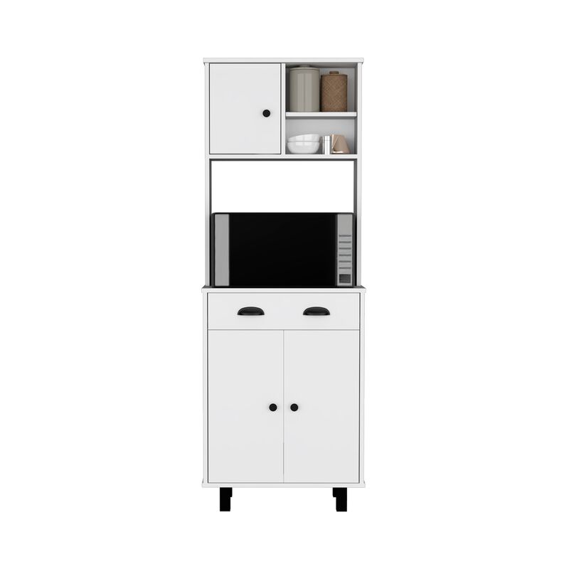 Kitchen Pantry 67" H, Two Cabinets, Three Doors, Two Open Shelves, One Drawer, Microwave Storage Option, White