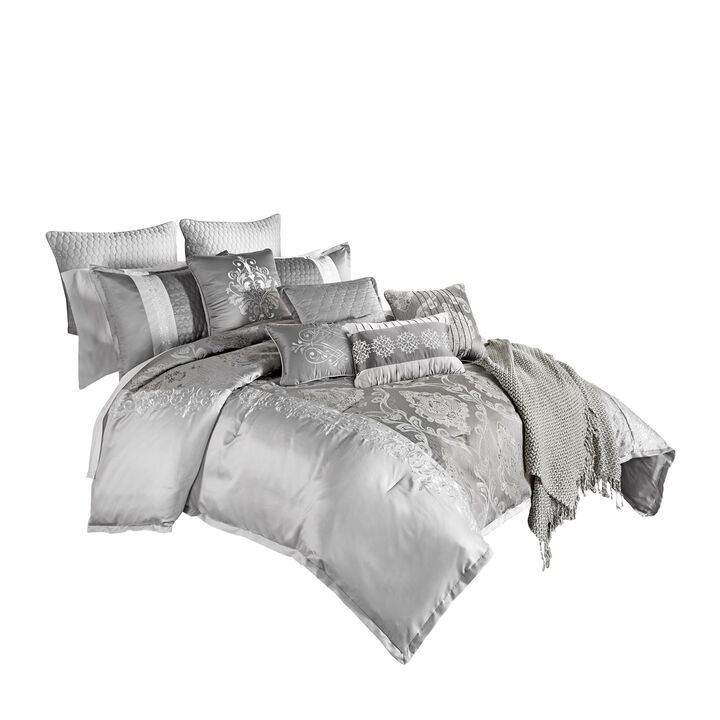 12 Piece Queen Polyester Comforter Set with Medallion Print, Platinum Gray-Benzara