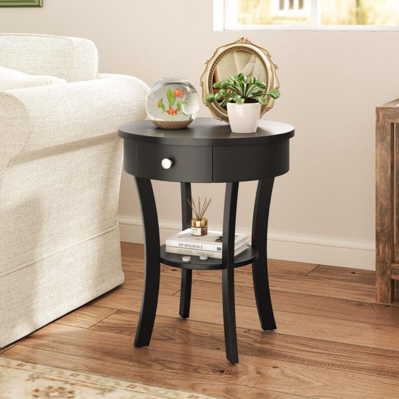 Hivvago 2-Tier Wood Round End Table with Open Drawer