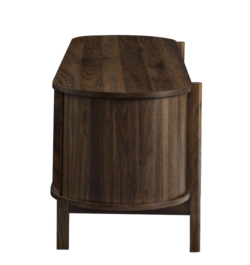 Modway Reid 61 Inch TV Stand in Walnut - Curved Oval Media Console with Rattan Sliding Doors and Open Shelves - Mid-Century Modern Entertainment Center for Flat Screen TVs up to 68&rdquo; image number 5