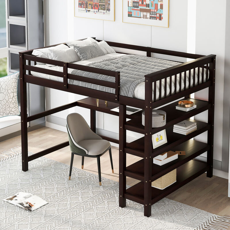 Full Size Loft Bed with Storage Shelves and Under-bed Desk, Gray