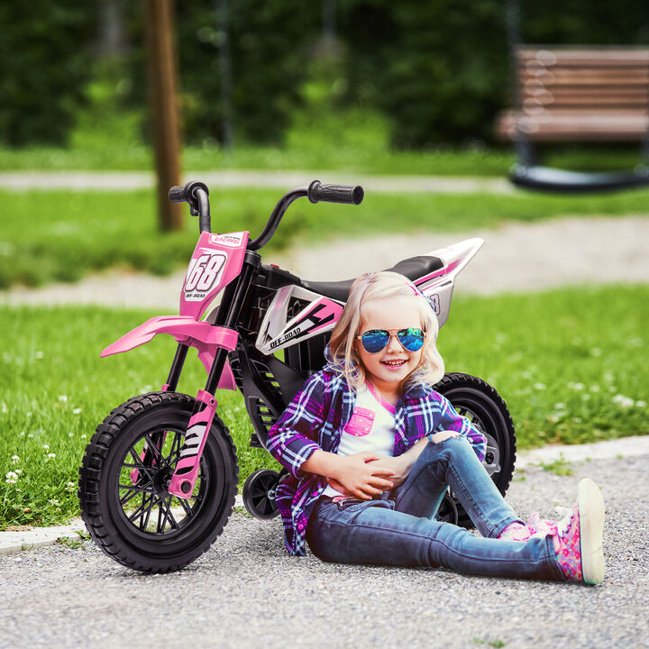 BreeBe 12V Kids Electric Motorcycle w/ Twist Grip Throttle, Training Wheels, Rear Suspension & Music