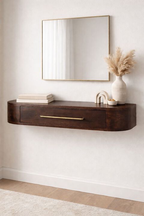 Artisan Furniture Solid Wood Arc Wall Mounted Console, 1 Drawer, Dark Brown