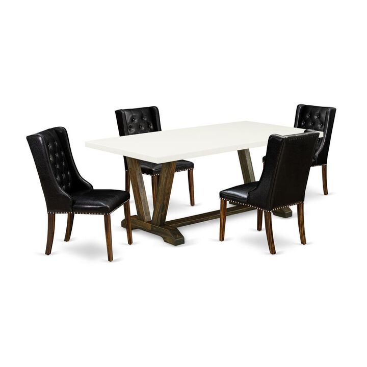 East West Furniture 5 Piece Dining Room Set - 4 Black Pu Leather Dining Chairs Button Tufted with Nail heads and Dining Table - Distressed Jacobean Finish