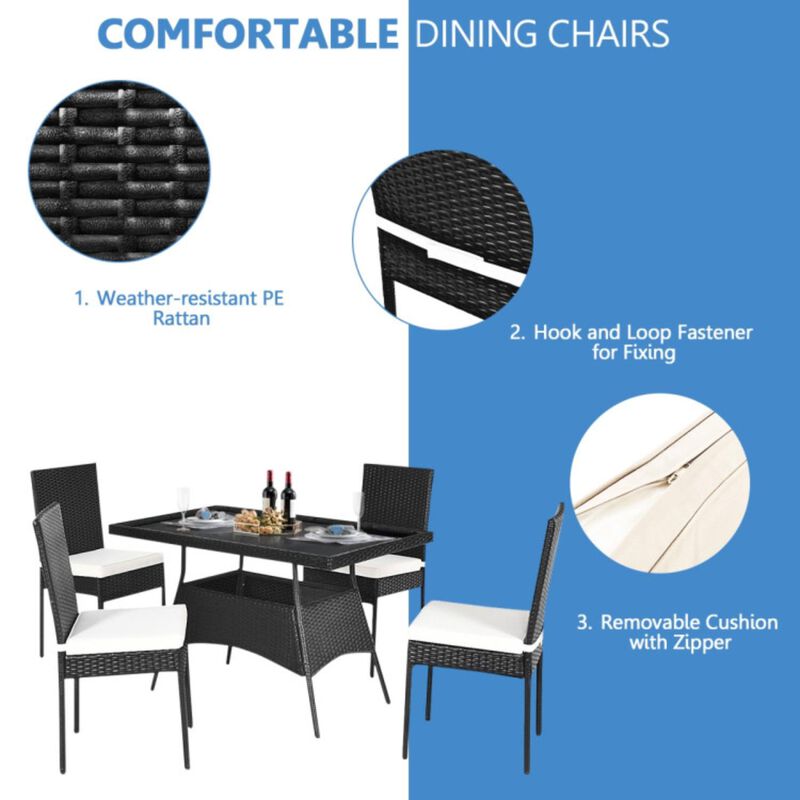 5 Pieces Rattan Dining Set Glass Table High Back Chair