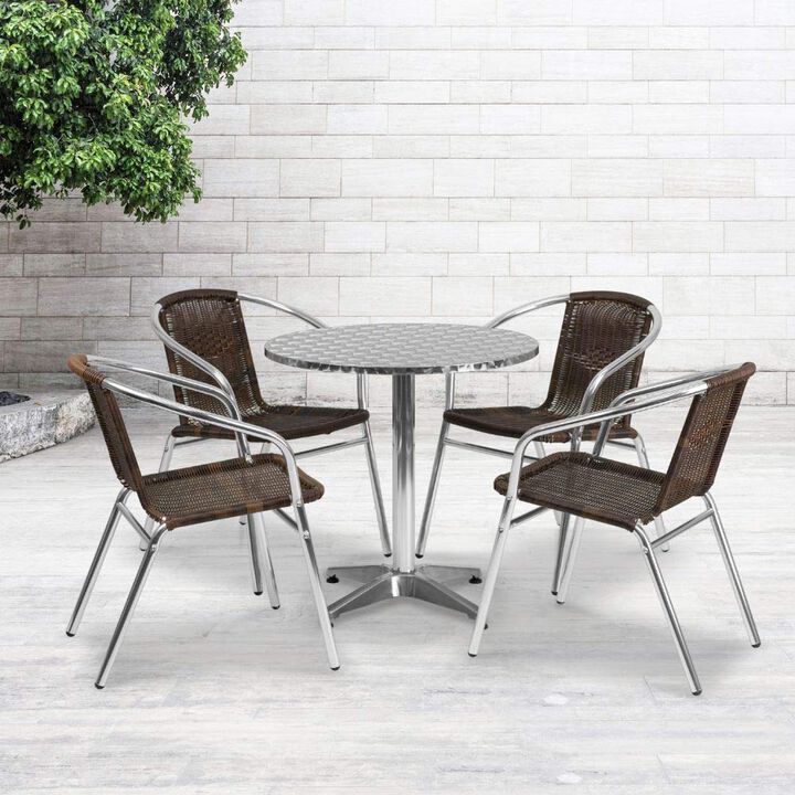 Flash Furniture 27.5'' Round Aluminum Indoor-Outdoor Table Set with 4 Dark Brown Rattan Chairs