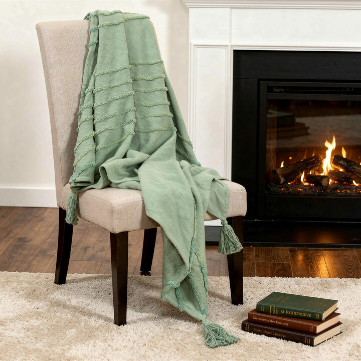 HomeRoots 50" X 60" Green Cotton Woven Geometric Throw Blanket with Tassels