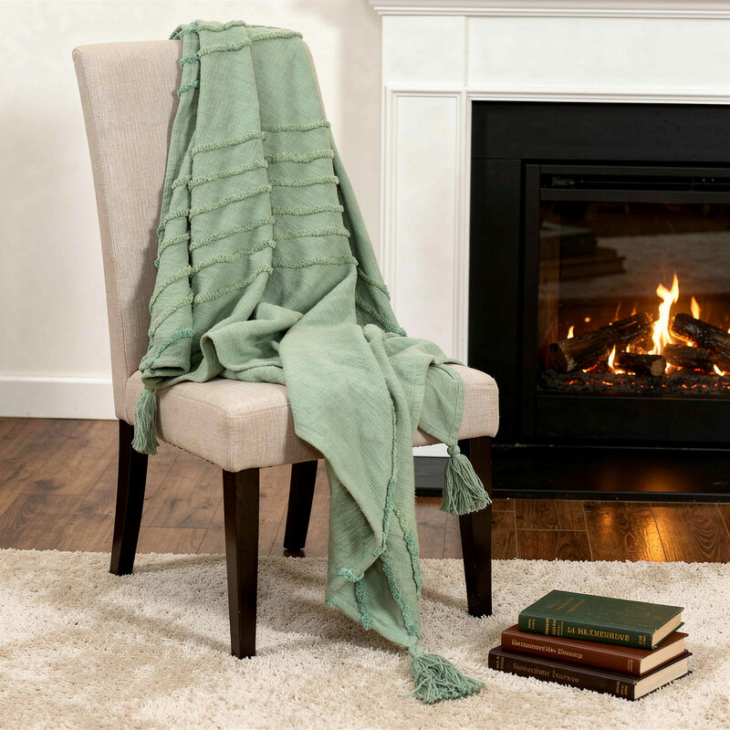 HomeRoots 50" X 60" Green Cotton Woven Geometric Throw Blanket with Tassels image number 1