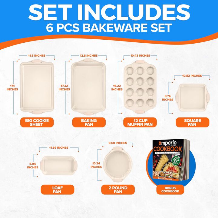 Baking Pan Set - Nonstick Coating, Carbon Steel Bakeware Set with White Silicone Handle, PFOA, PFOS, PTFE Free, Recipe Booklet Included, Oven Safe Tray (Up To 450° F), Set of 6 - White