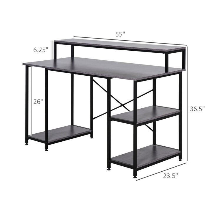 55 Inch Home Office Computer Desk Study Writing Workstation with Storage Shelves, Elevated Monitor Shelf, CPU Stand, Durable XShaped Construction, Grey Wood Grain