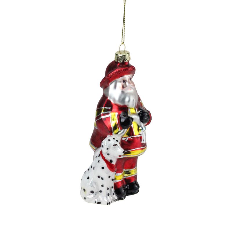 5" Red and White Fireman Santa Claus with Dalmatian Glass Christmas Ornament image number 2