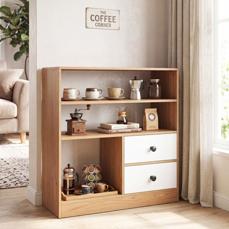 Storage Cabinet with 3 Open Compartments and 2 Drawers for Home Office-Natural image number 5