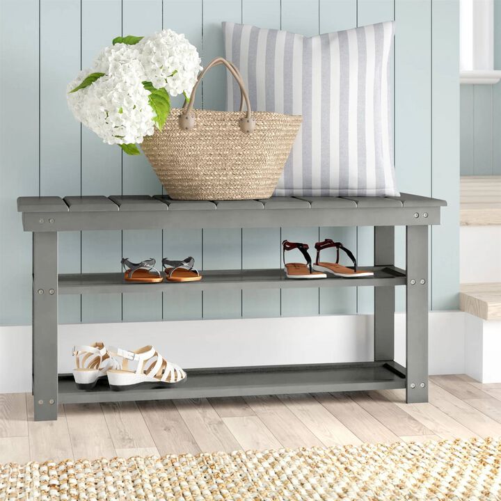 QuikFurn Grey Wood 2-Shelf Shoe Rack Storage Bench For Entryway or Closet