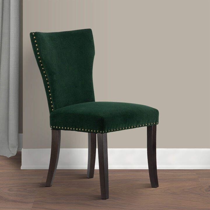 Devi 25 Inch Curved Dining Chair, Green Velvet Upholstery, Nailhead Trim - Benzara