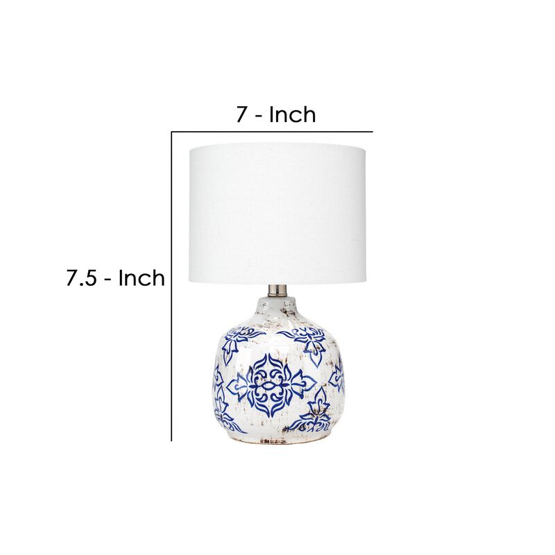 Table Lamp with Floral Pattern Ceramic Base, White - Benzara