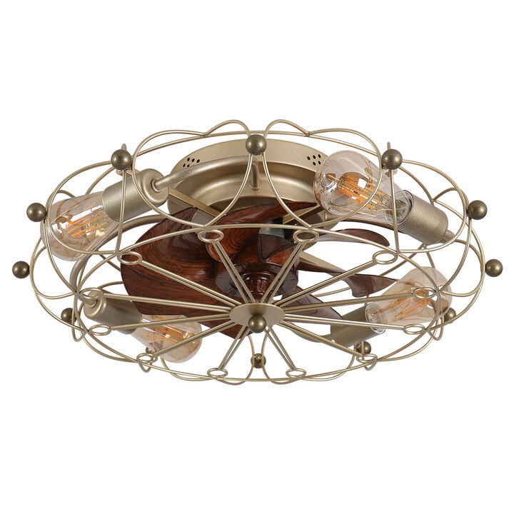 20" Gold Low Profile Caged Ceiling Fan with Lights & Remote &ndash; Industrial Flush Mount Fan